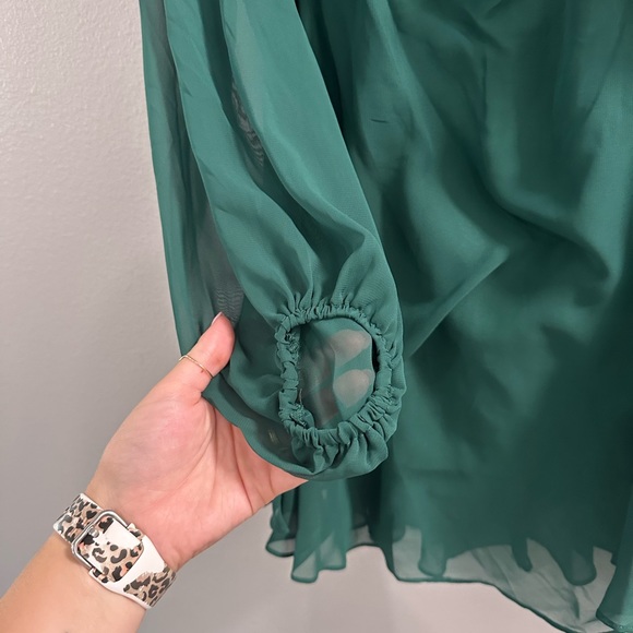 NWT LOVELY BISHOP SLEEVE RUFFLED CHIFFON CUTOUT MINI DRESS - HUNTER GREEN - Picture 7 of 12